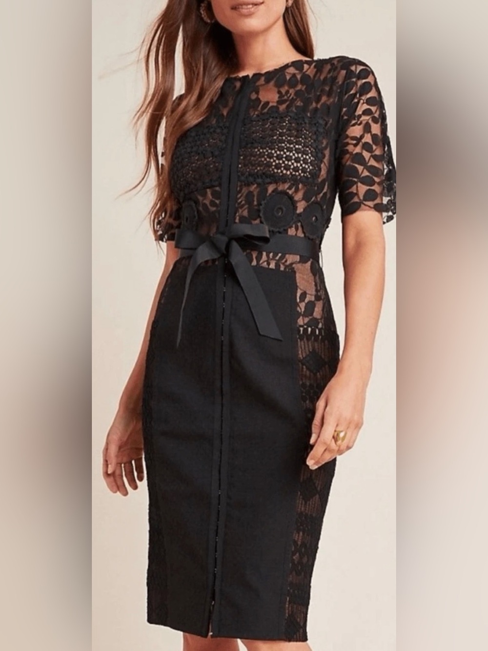 Beguile by Byron Lars Anthropologie Carissima Lace Sheath Dress Black 10 NWT